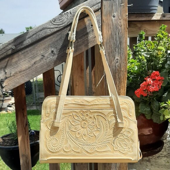 VINTAGE Hand Tooled Mexican Leather Purse Handbag Tan Floral 11" x 8" x 5" - Picture 1 of 16